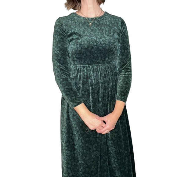 Vintage LL Bean 90s Velour Holly Print Midi Dress Green Holiday Christmas S/ M - Picture 5 of 15